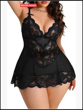 Plus Size Floral Lace Mesh Nightgown Lingerie Dress Chemise Boudoir